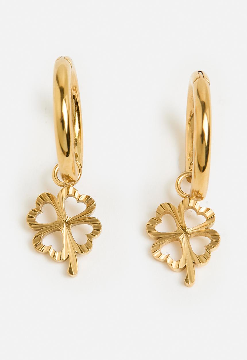 Zoe on Trend - Lucky Clover Dangle Hoop Earrings - Gold