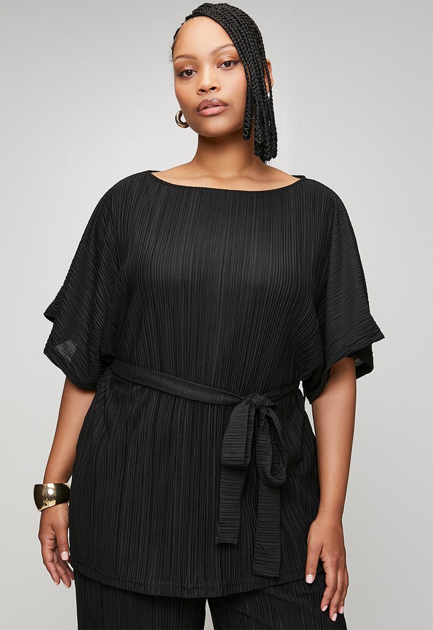 Me&B - Plus Kimono Sleeve Plisse Top With Sash - Black