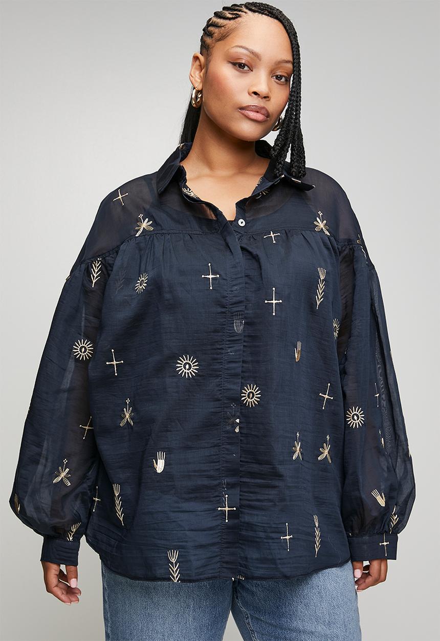 Me&B - Plus Hands Embroidery Bellow Sleeve Shirt - ink