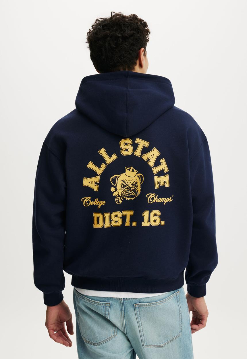 Cotton On - Box Fit Graphic Hoodie - Vintage Navy/All State Champs