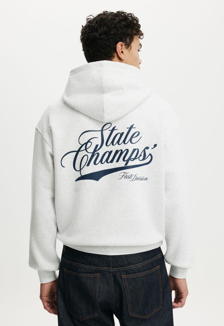 Cotton On - Box Fit Graphic Hoodie - Athletic Marle/State Champs