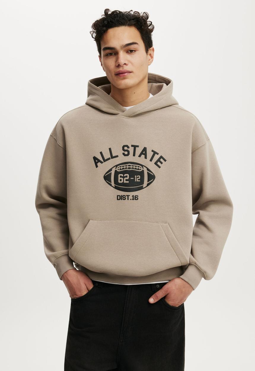 Cotton On - Box Fit Graphic Hoodie - Hazelnut/All State Football