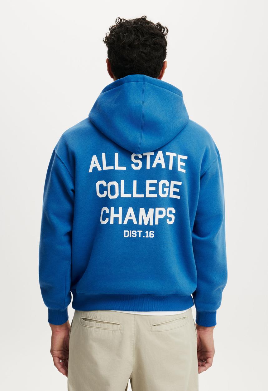 Cotton On - Box Fit Graphic Hoodie - Carolina Blue/All State Football