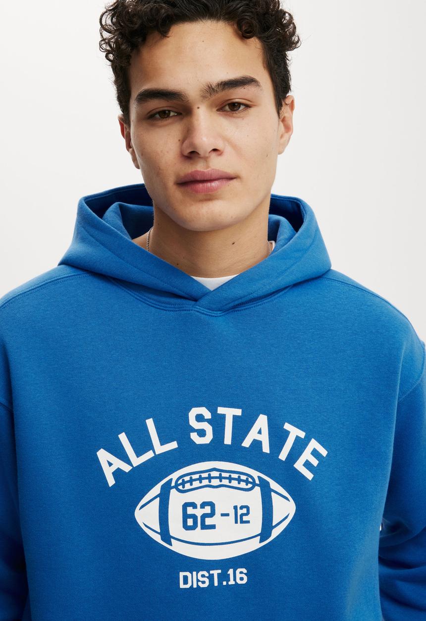 Cotton On - Box Fit Graphic Hoodie - Carolina Blue/All State Football