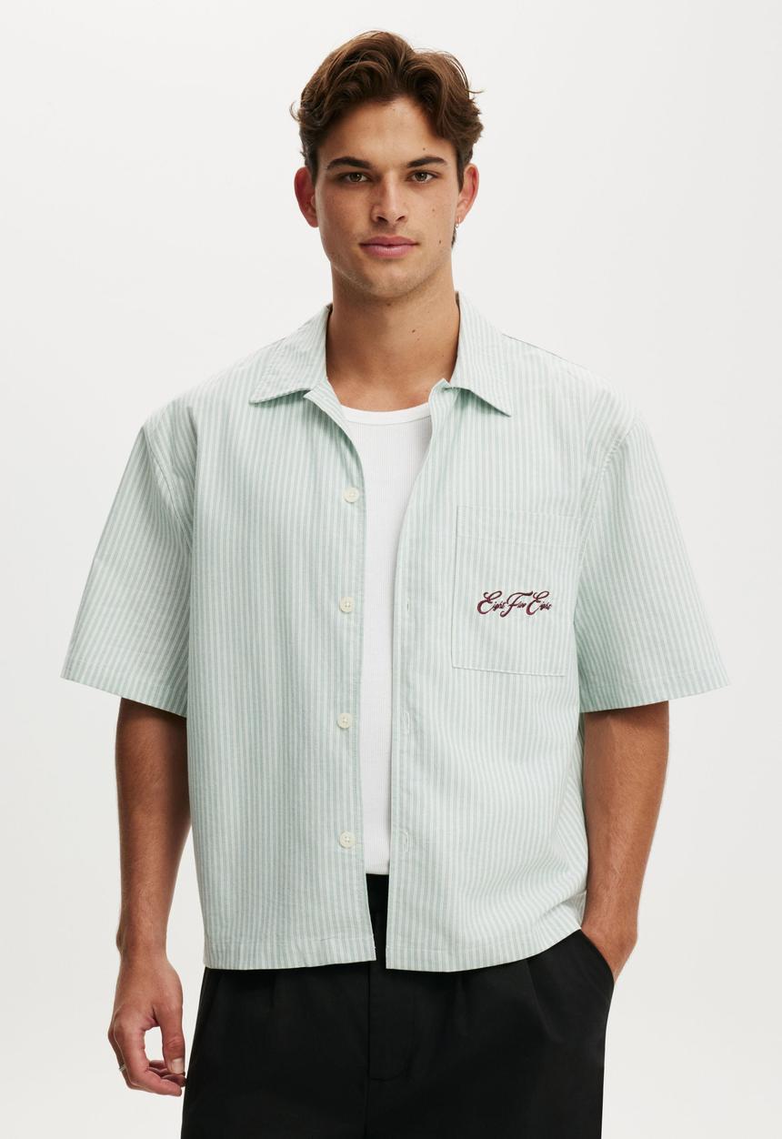 Cotton On - Ventura Short Sleeve Shirt - Seafoam Stripe Emb