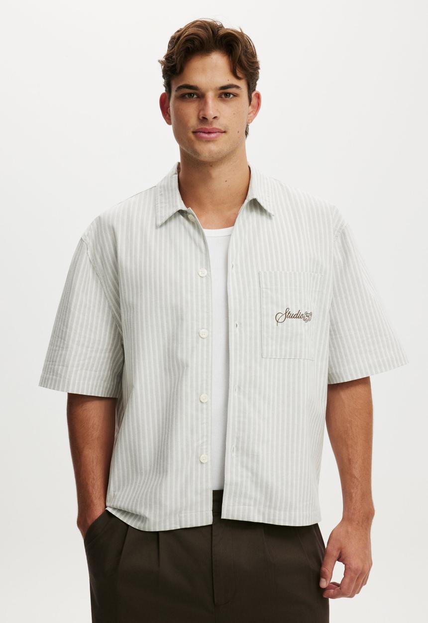 Cotton On - Ventura Short Sleeve Shirt - Grey Stripe Emb