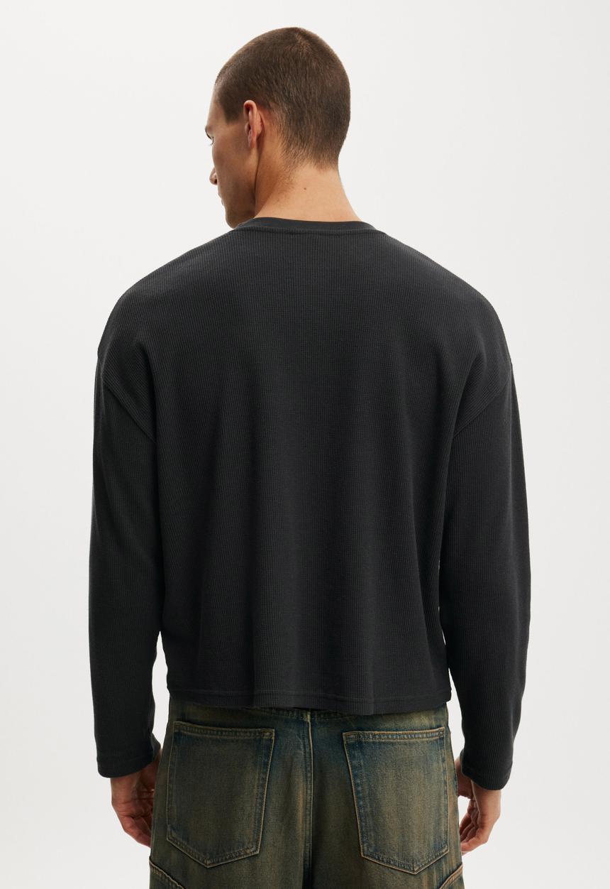 Cotton On - Relaxed Fit Textured Henley Long Sleeve - Washed Black Waffle