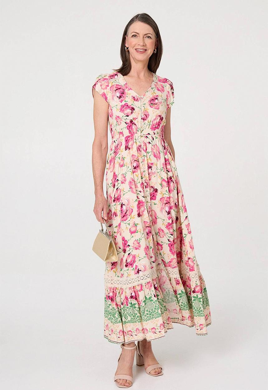 Stella Morgan - Cap Sleeve With Flutter V-Neck Button Through Maxi Dress With Border Print Detail - Multi Pink