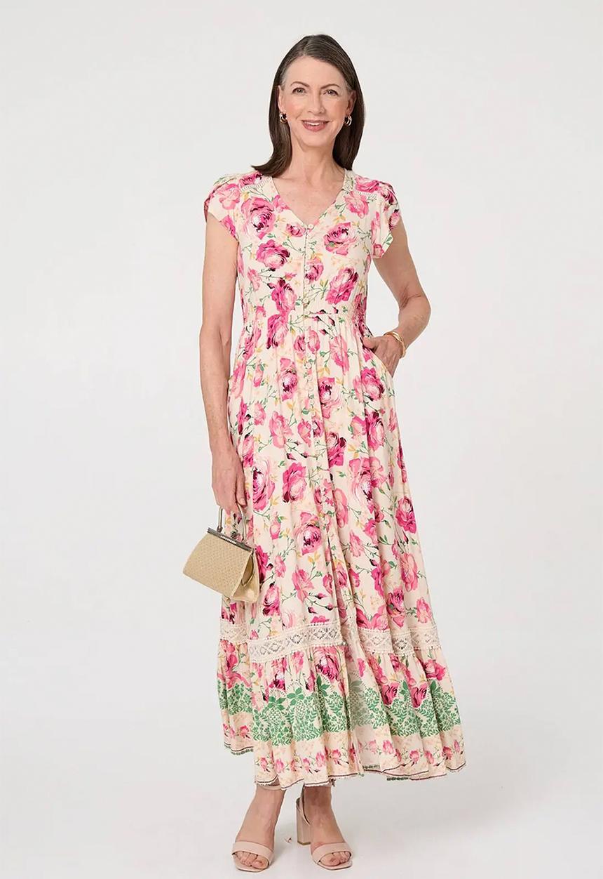 Stella Morgan - Cap Sleeve With Flutter V-Neck Button Through Maxi Dress With Border Print Detail - Multi Pink