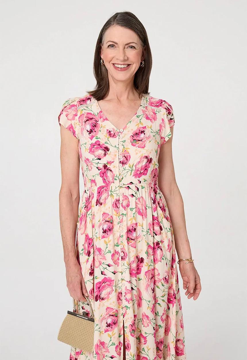 Stella Morgan - Cap Sleeve With Flutter V-Neck Button Through Maxi Dress With Border Print Detail - Multi Pink