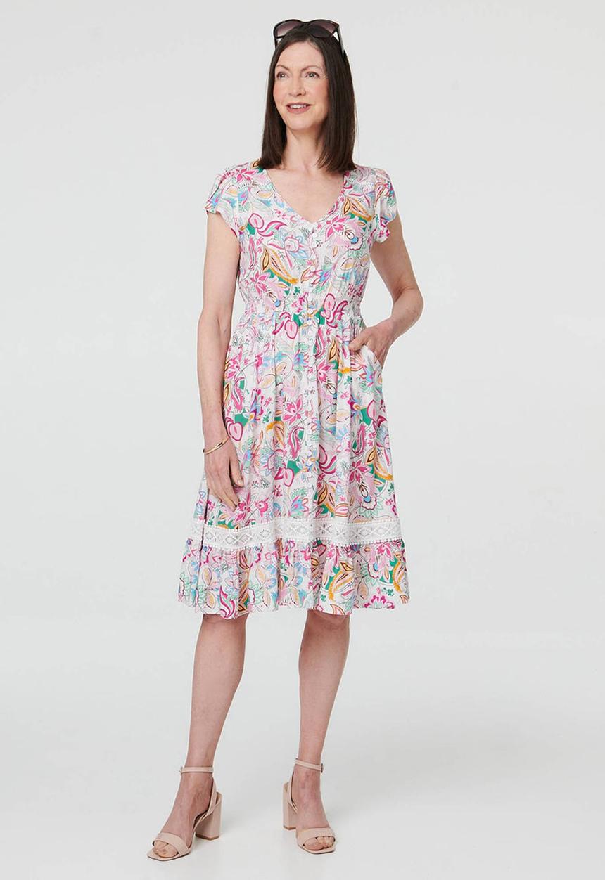 MANDI - Cap Sleeve With Flutter V-Neck Button Through Midi Dress Printed - Multi White