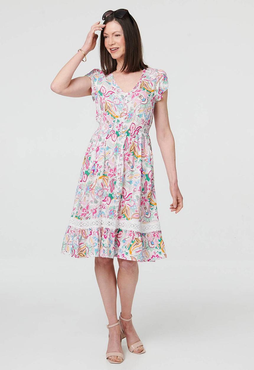 MANDI - Cap Sleeve With Flutter V-Neck Button Through Midi Dress Printed - Multi White