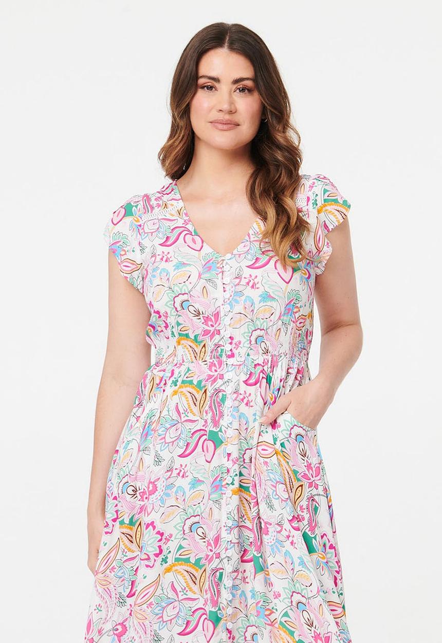 Stella Morgan - Cap Sleeve With Flutter V-Neck Button Through Maxi Dress Printed - Multi White