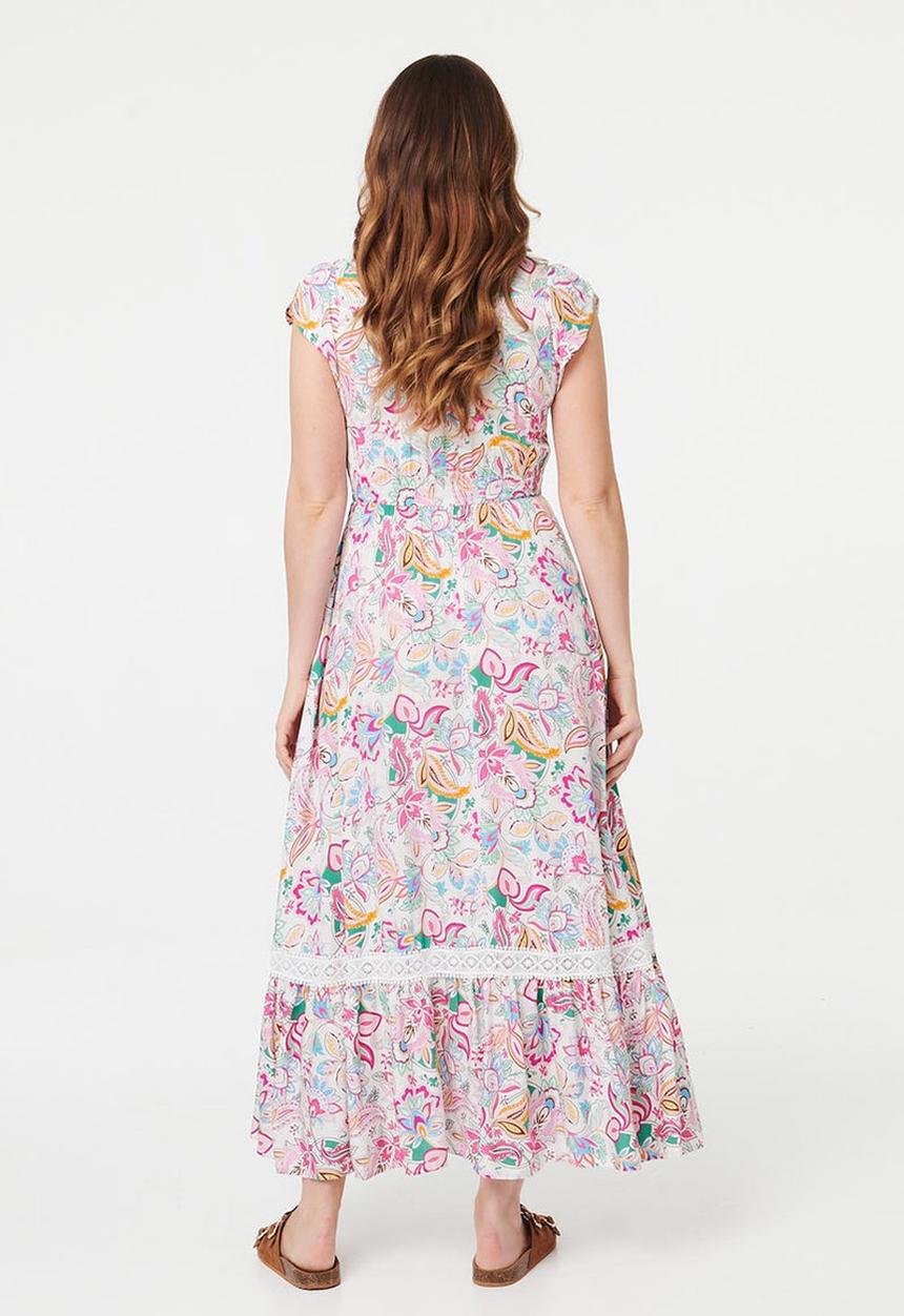 Stella Morgan - Cap Sleeve With Flutter V-Neck Button Through Maxi Dress Printed - Multi White