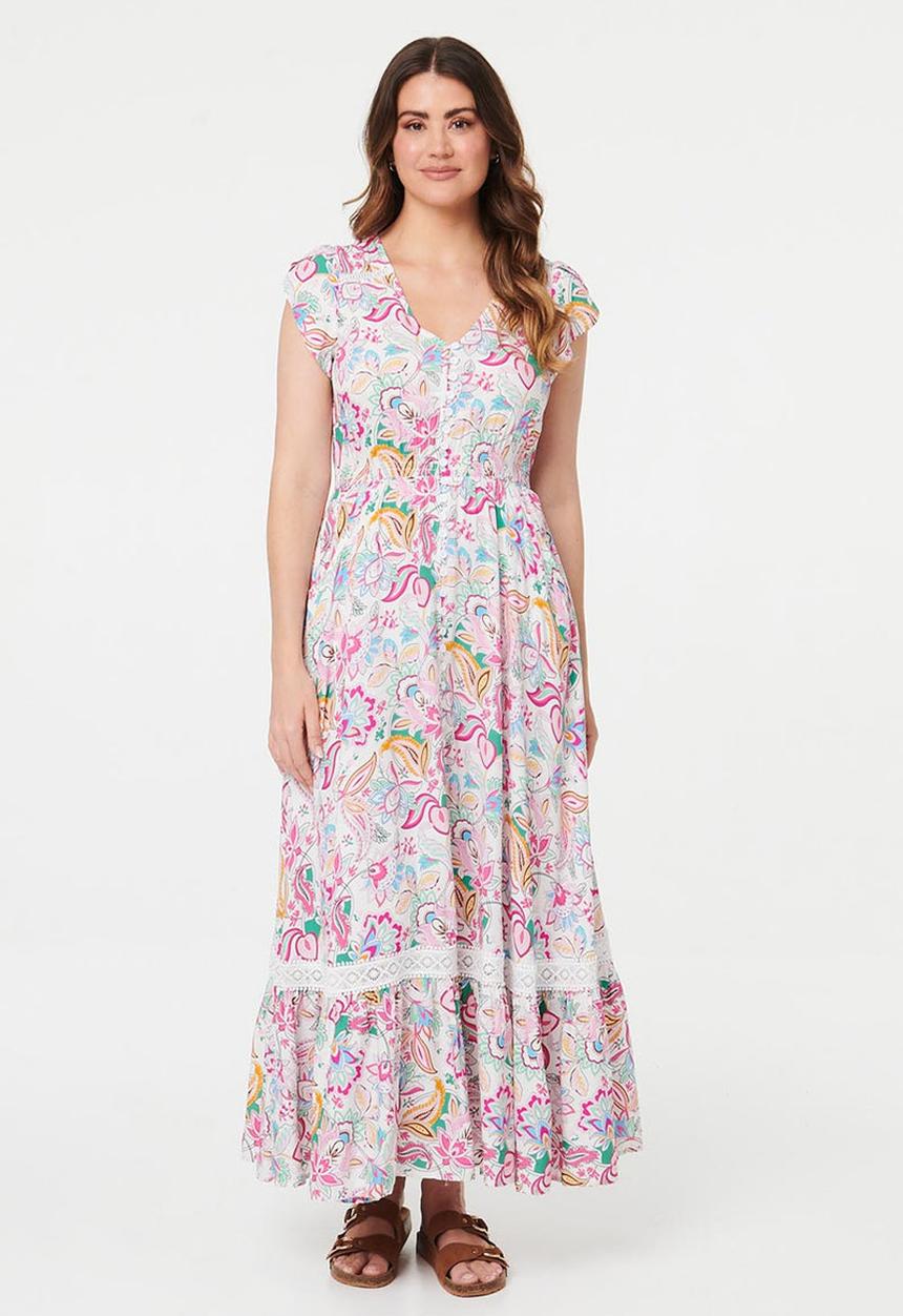 Stella Morgan - Cap Sleeve With Flutter V-Neck Button Through Maxi Dress Printed - Multi White