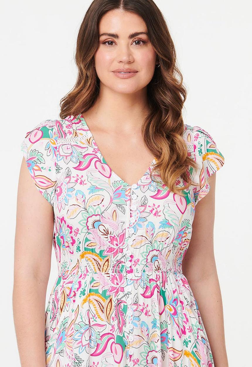 Stella Morgan - Cap Sleeve With Flutter V-Neck Button Through Maxi Dress Printed - Multi White