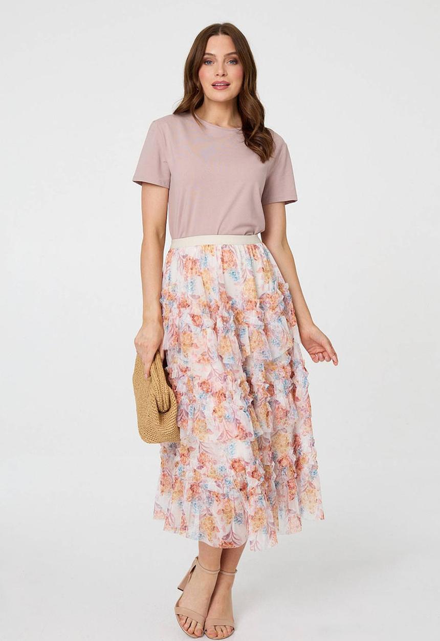 Stella Morgan - Elasticated Multi Tiered Printed Mesh Midi Skirt - Multi Cream
