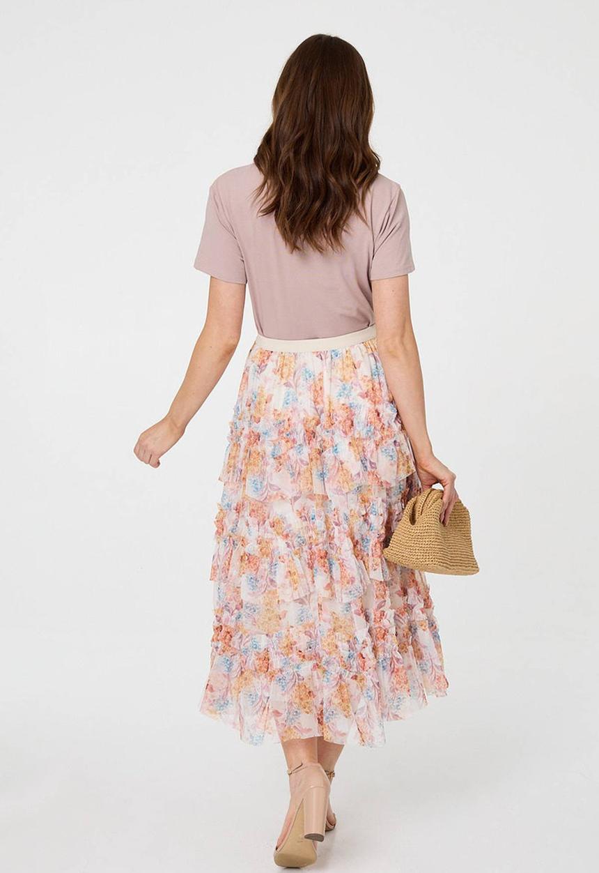 Stella Morgan - Elasticated Multi Tiered Printed Mesh Midi Skirt - Multi Cream