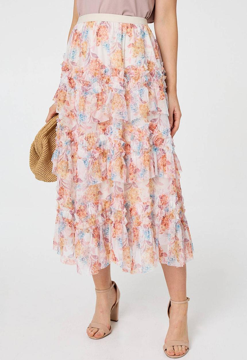 Stella Morgan - Elasticated Multi Tiered Printed Mesh Midi Skirt - Multi Cream