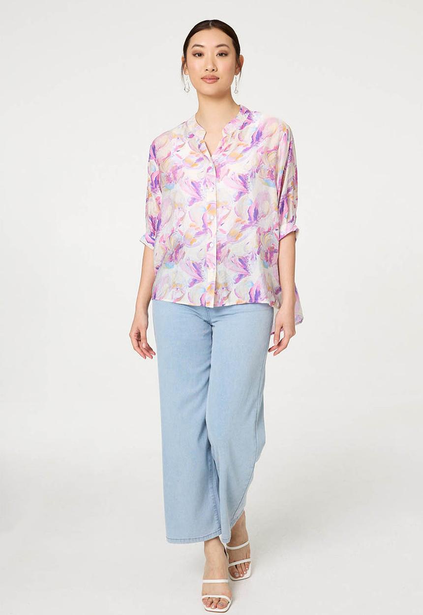 Stella Morgan - Half Sleeve Batwing Easy Wearing Printed Sheer Blouse With Back Button Stand Detail - Pink