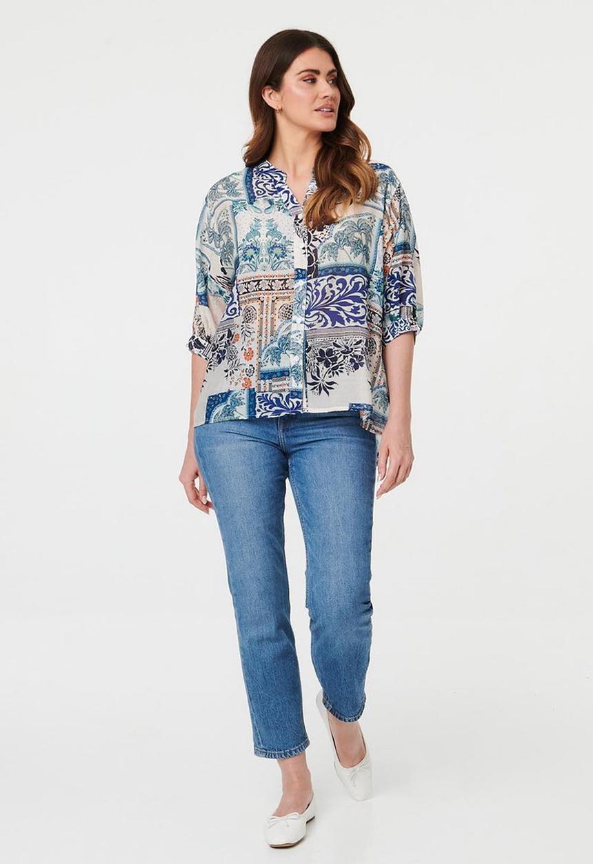 Izabel London - Half Sleeve Batwing Easy Wearing Printed Sheer Blouse With Back Button Stand Detail - Multi Blue