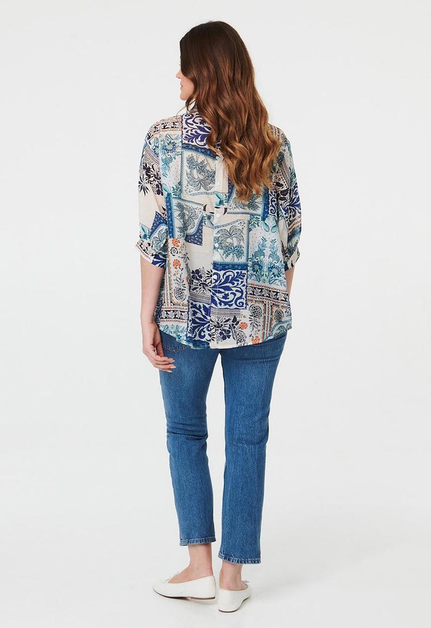 Izabel London - Half Sleeve Batwing Easy Wearing Printed Sheer Blouse With Back Button Stand Detail - Multi Blue