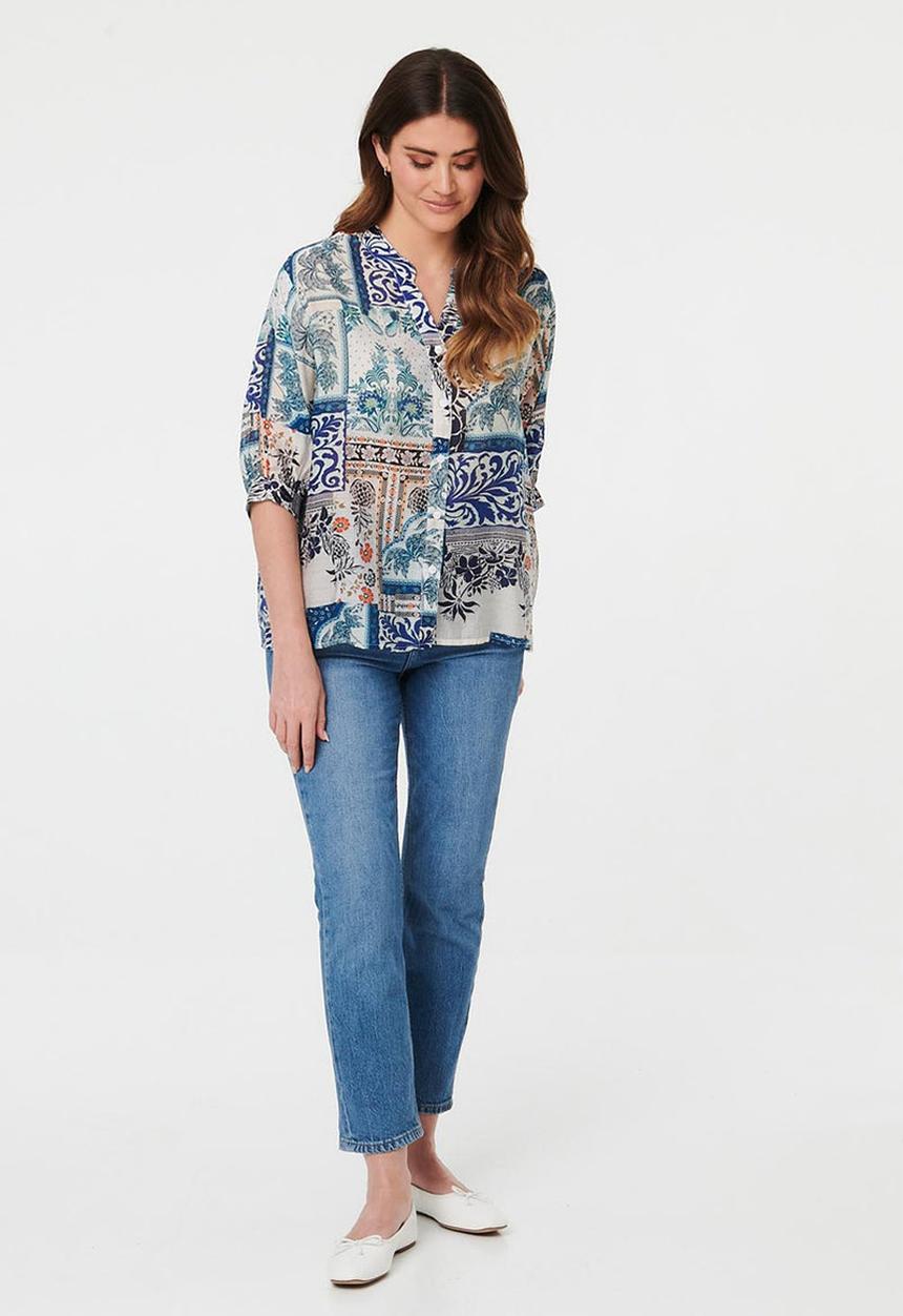 Izabel London - Half Sleeve Batwing Easy Wearing Printed Sheer Blouse With Back Button Stand Detail - Multi Blue