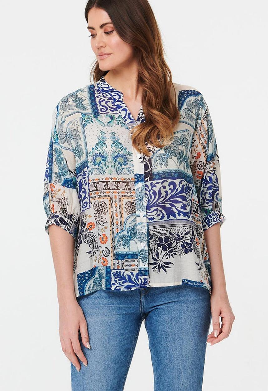 Izabel London - Half Sleeve Batwing Easy Wearing Printed Sheer Blouse With Back Button Stand Detail - Multi Blue