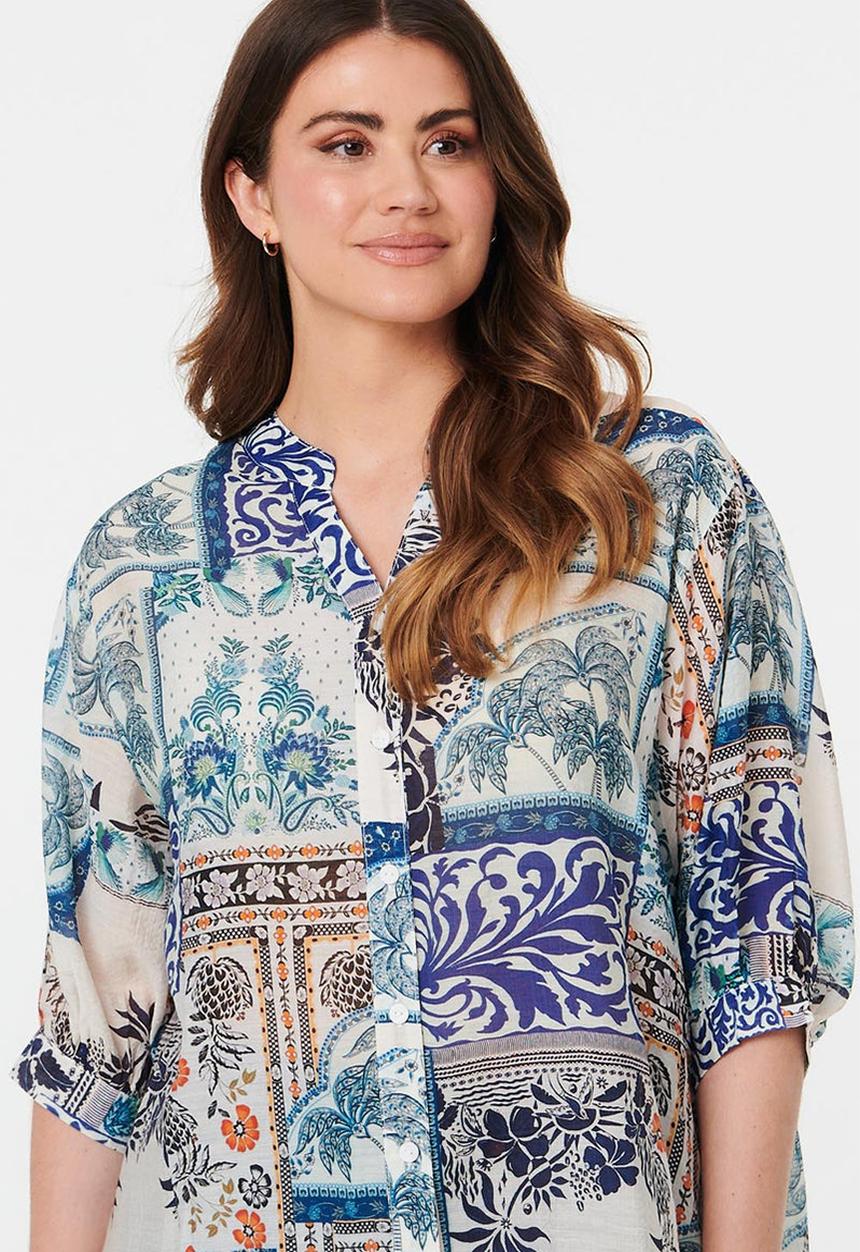 Izabel London - Half Sleeve Batwing Easy Wearing Printed Sheer Blouse With Back Button Stand Detail - Multi Blue