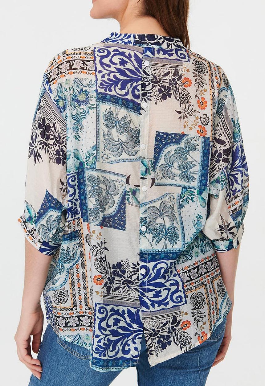 Izabel London - Half Sleeve Batwing Easy Wearing Printed Sheer Blouse With Back Button Stand Detail - Multi Blue