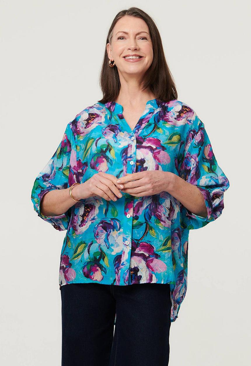 Stella Morgan - Half Sleeve Batwing Easy Wearing Printed Sheer Blouse With Back Button Stand Detail - Multi Pink