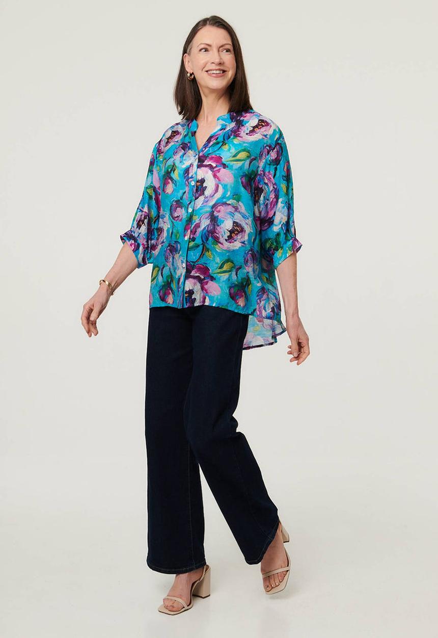 Stella Morgan - Half Sleeve Batwing Easy Wearing Printed Sheer Blouse With Back Button Stand Detail - Multi Pink