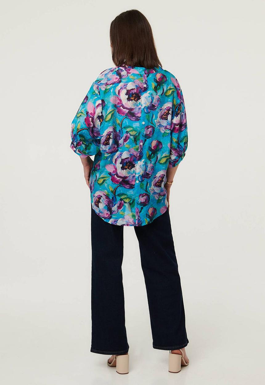 Stella Morgan - Half Sleeve Batwing Easy Wearing Printed Sheer Blouse With Back Button Stand Detail - Multi Pink