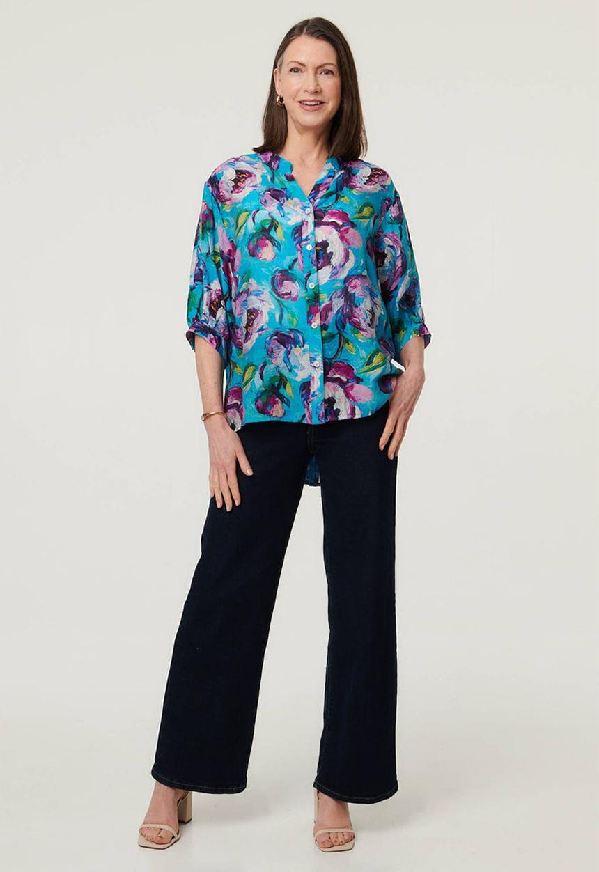 Stella Morgan - Half Sleeve Batwing Easy Wearing Printed Sheer Blouse With Back Button Stand Detail - Multi Pink