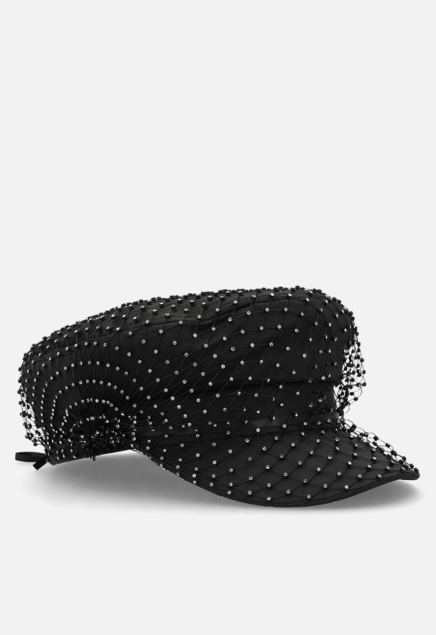 Tessa Design - Lourdes Rhinestone Encrusted Baker Boy Hat - Black