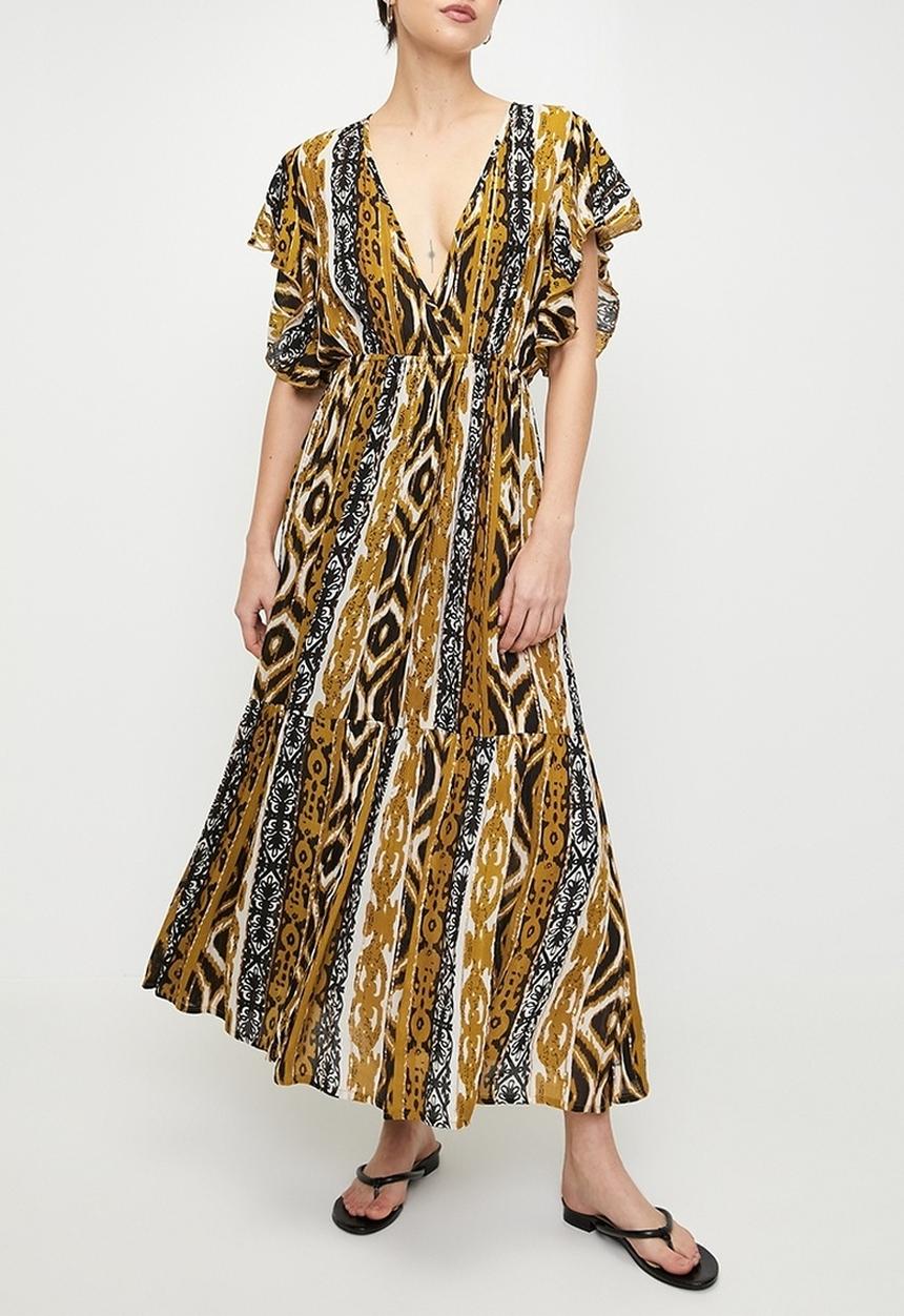 Izabel London - Cap Sleeve easy wearing Maxi Dress with elasticated waist - Mustard