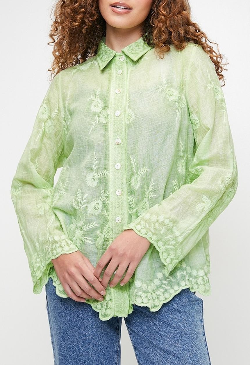 Stella Morgan - Embroidered voile blouse with scallop hem and sleeve end detail - Sage
