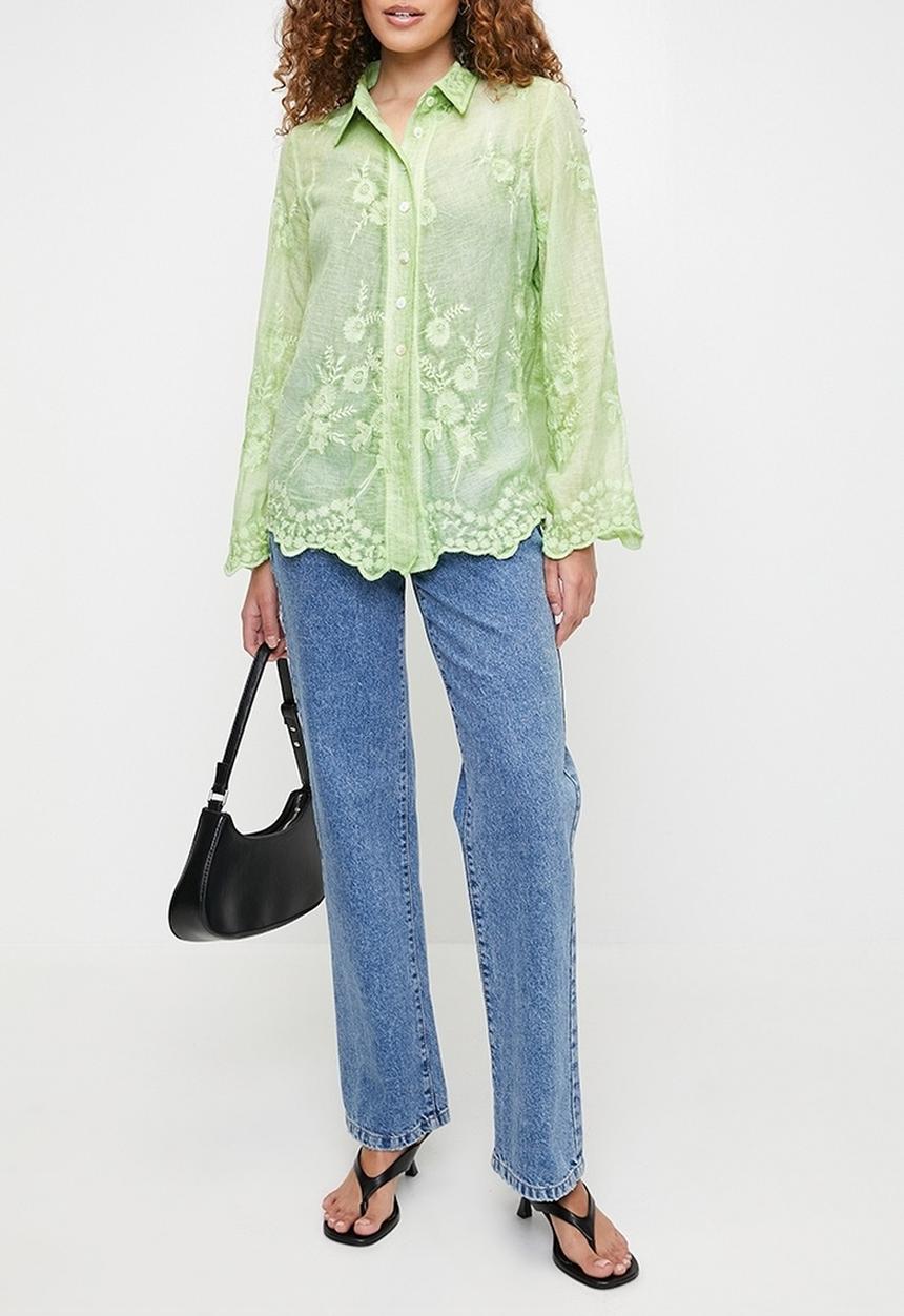 Stella Morgan - Embroidered voile blouse with scallop hem and sleeve end detail - Sage