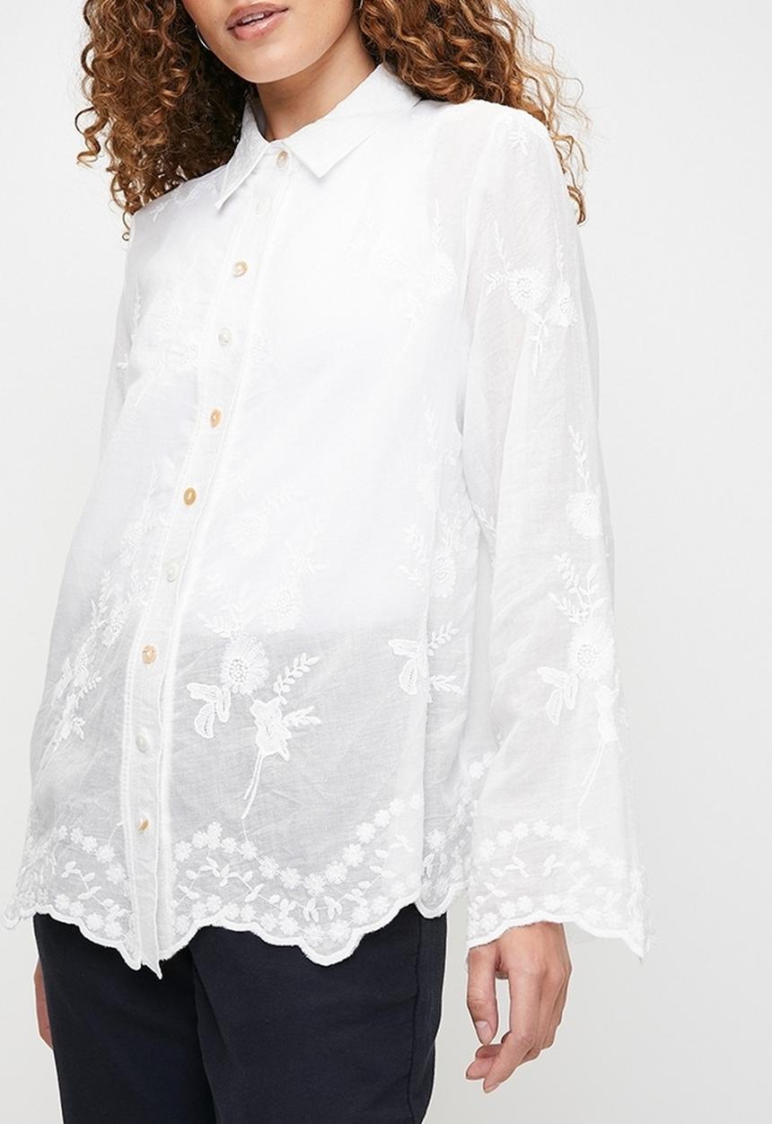 Stella Morgan - Embroidered voile blouse with scallop hem and sleeve end detail - White