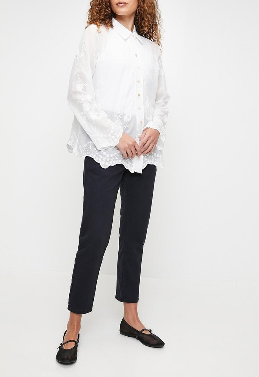 Stella Morgan - Embroidered voile blouse with scallop hem and sleeve end detail - White