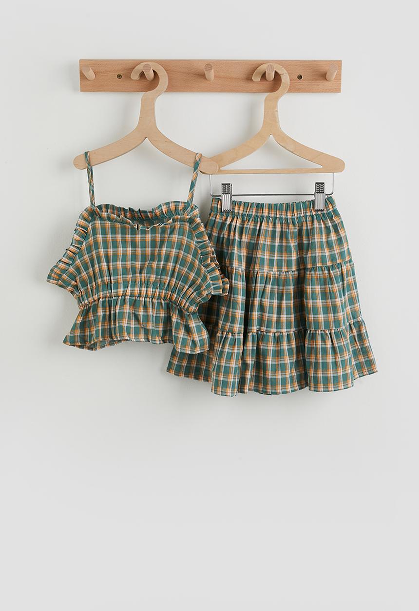 Pop Candy - Plaid ruffle trim top and tiered skirt - blue/orange 