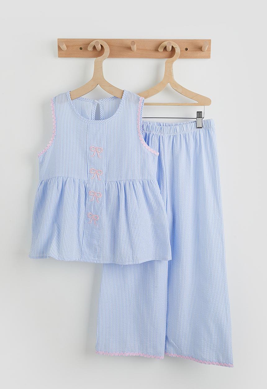 Pop Candy - Peplum top and wide leg pants - light blue stripe