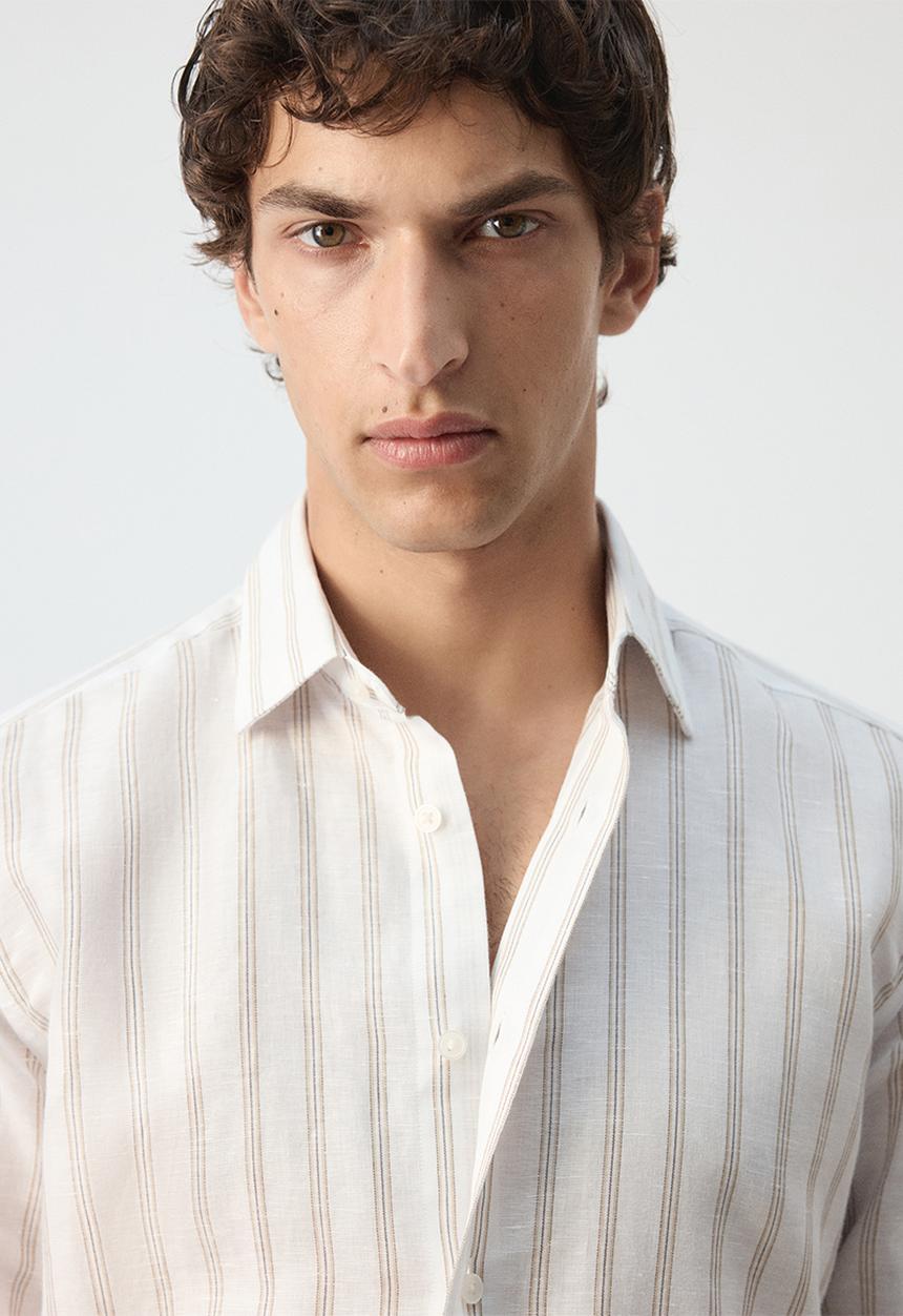 MANGO -   Rug Linen-cotton blend stripe shirt - White