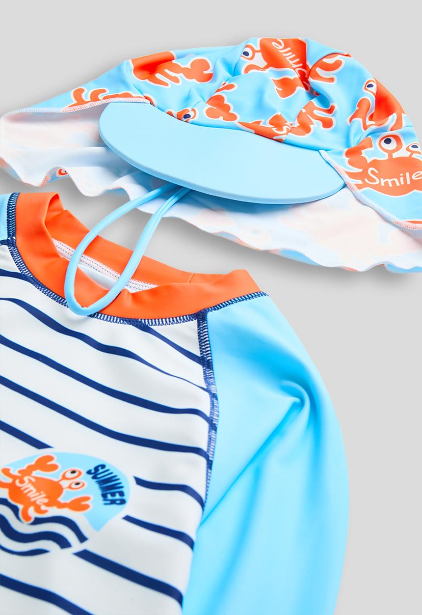 Pop Candy - Rash vest and boardshorts and sun hat - light blue/aop
