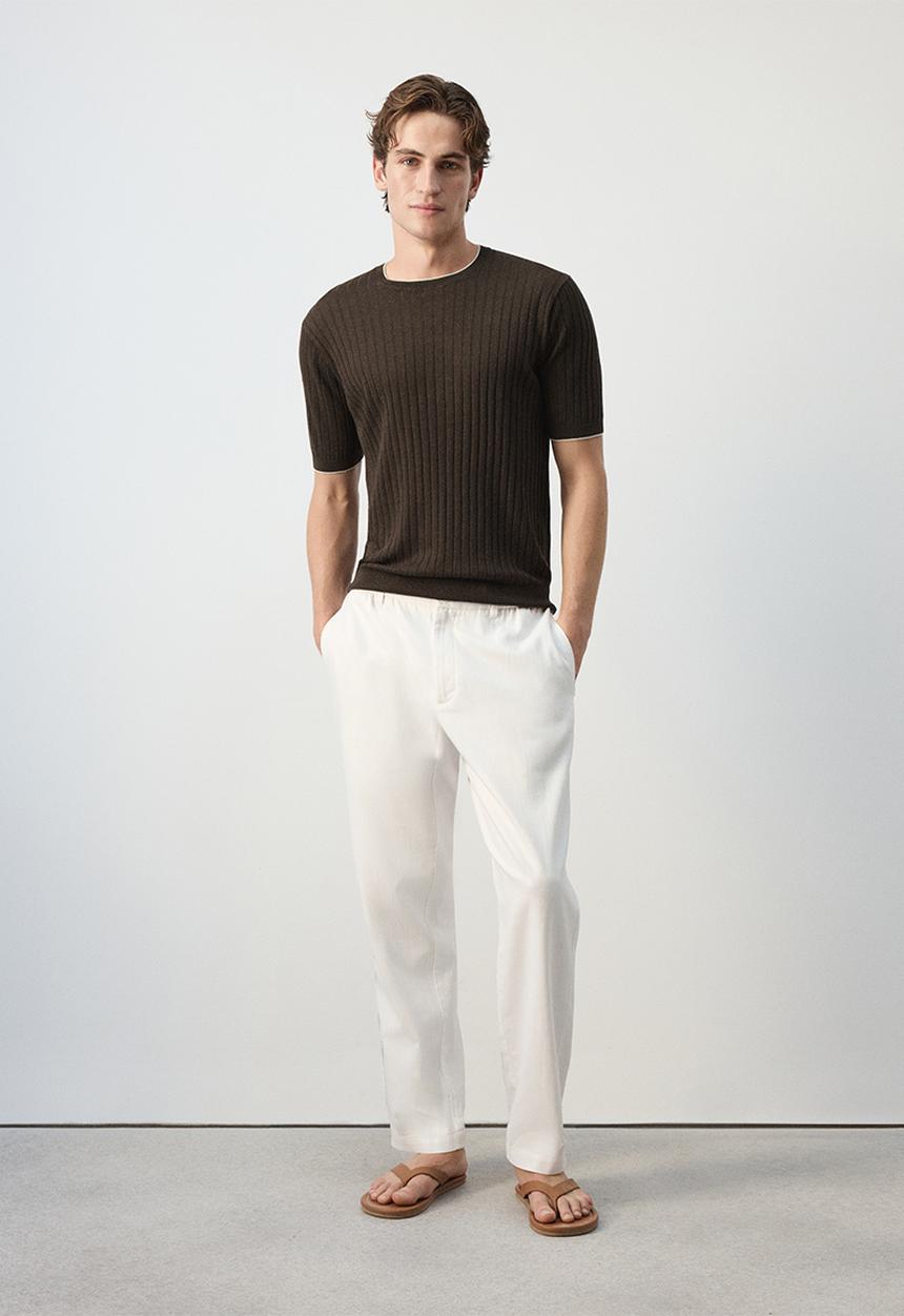 MANGO - Orion Ribbed linen lyocell blend T-shirt - Brown