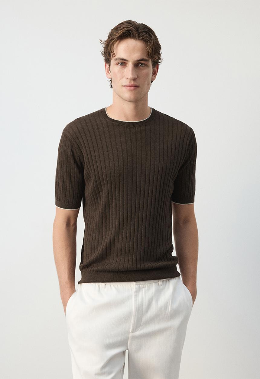 MANGO - Orion Ribbed linen lyocell blend T-shirt - Brown
