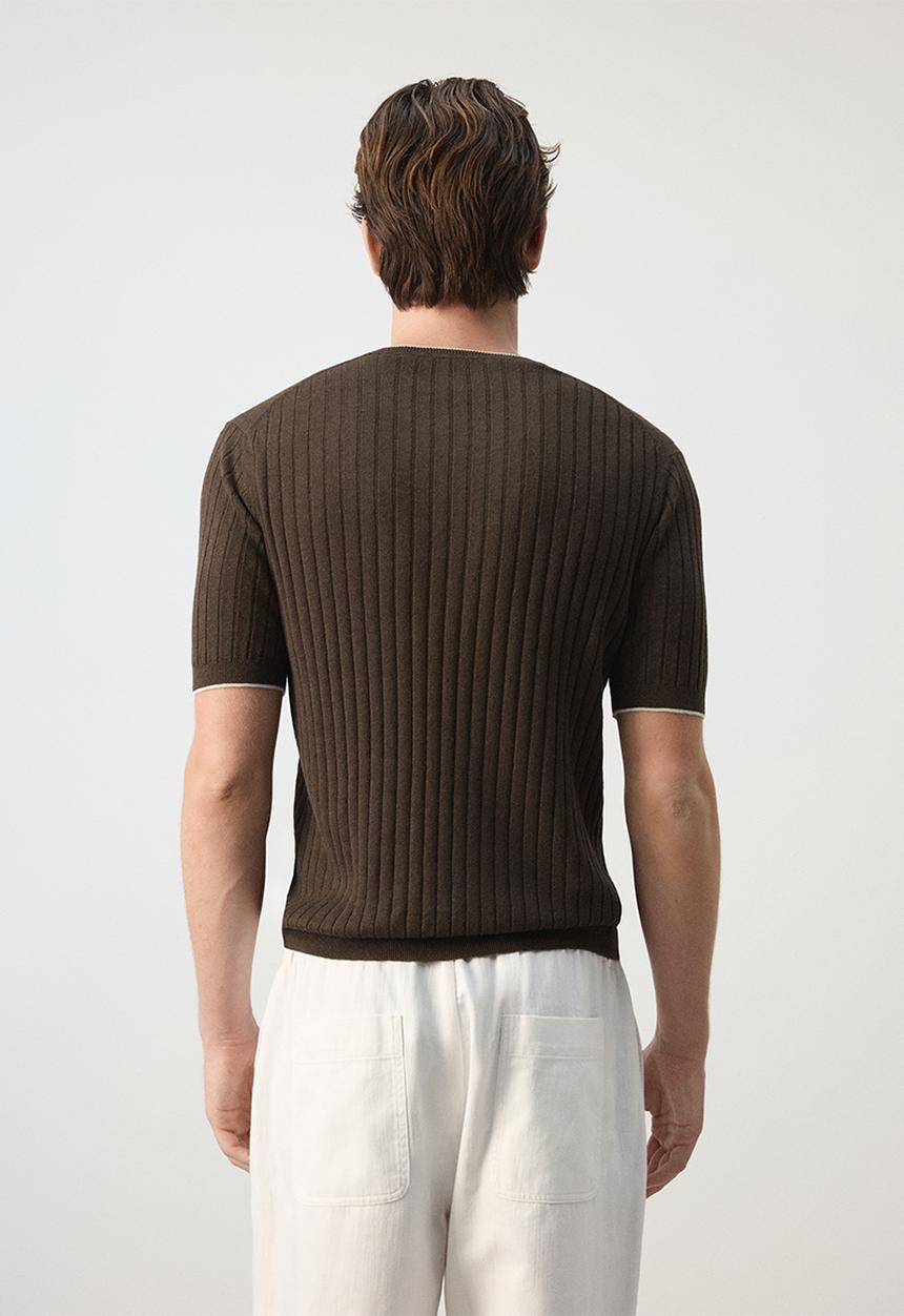 MANGO - Orion Ribbed linen lyocell blend T-shirt - Brown
