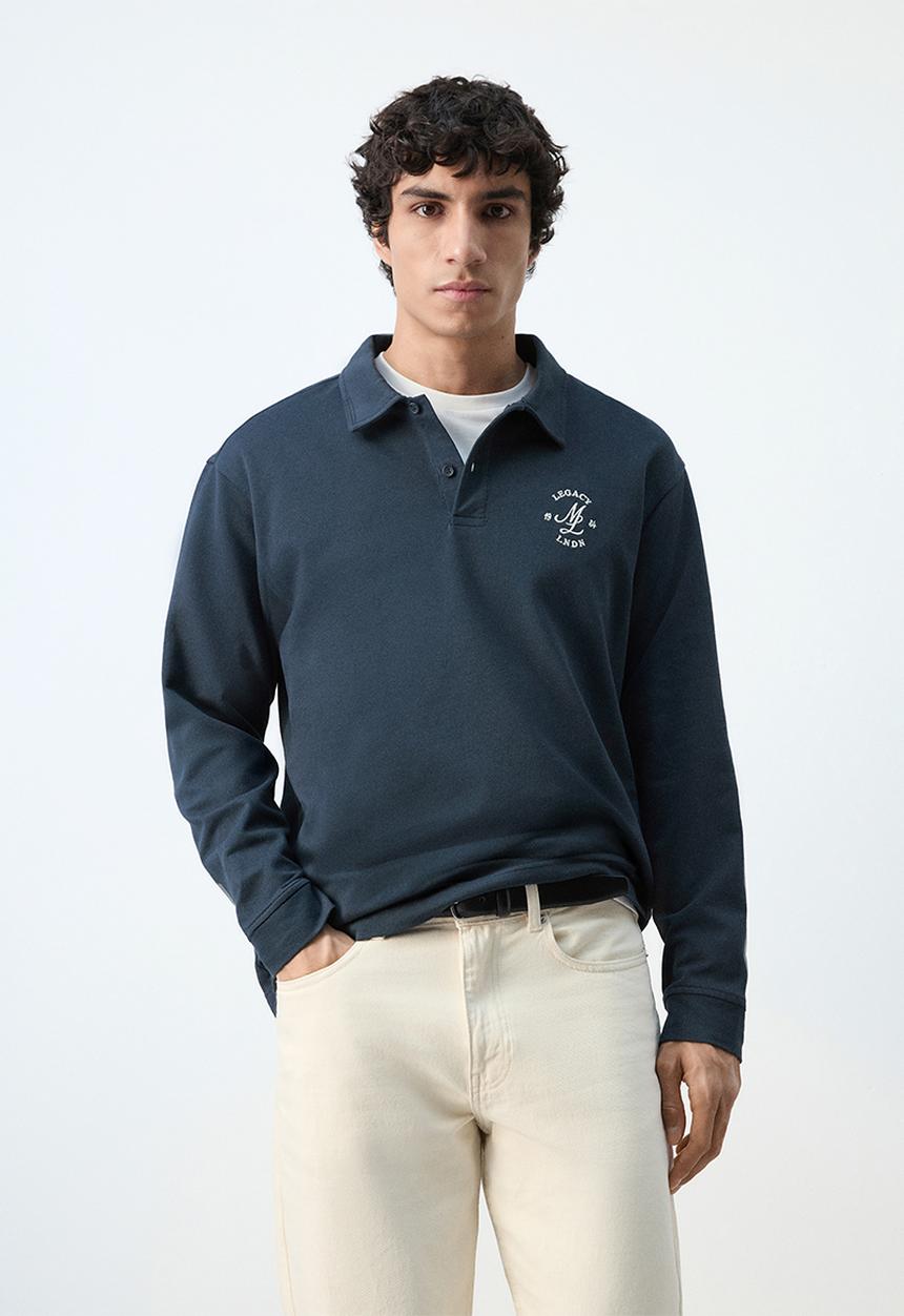 MANGO - Legacyp 100% Cotton Polo Shirt with Graphic Embroider - Navy