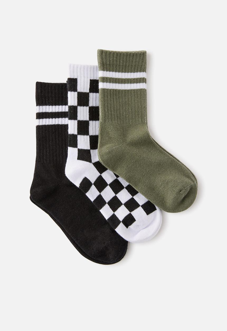 Cotton On - Kids 3Pk Crew Socks - Khaki Green/Rabbit Grey/Checker
