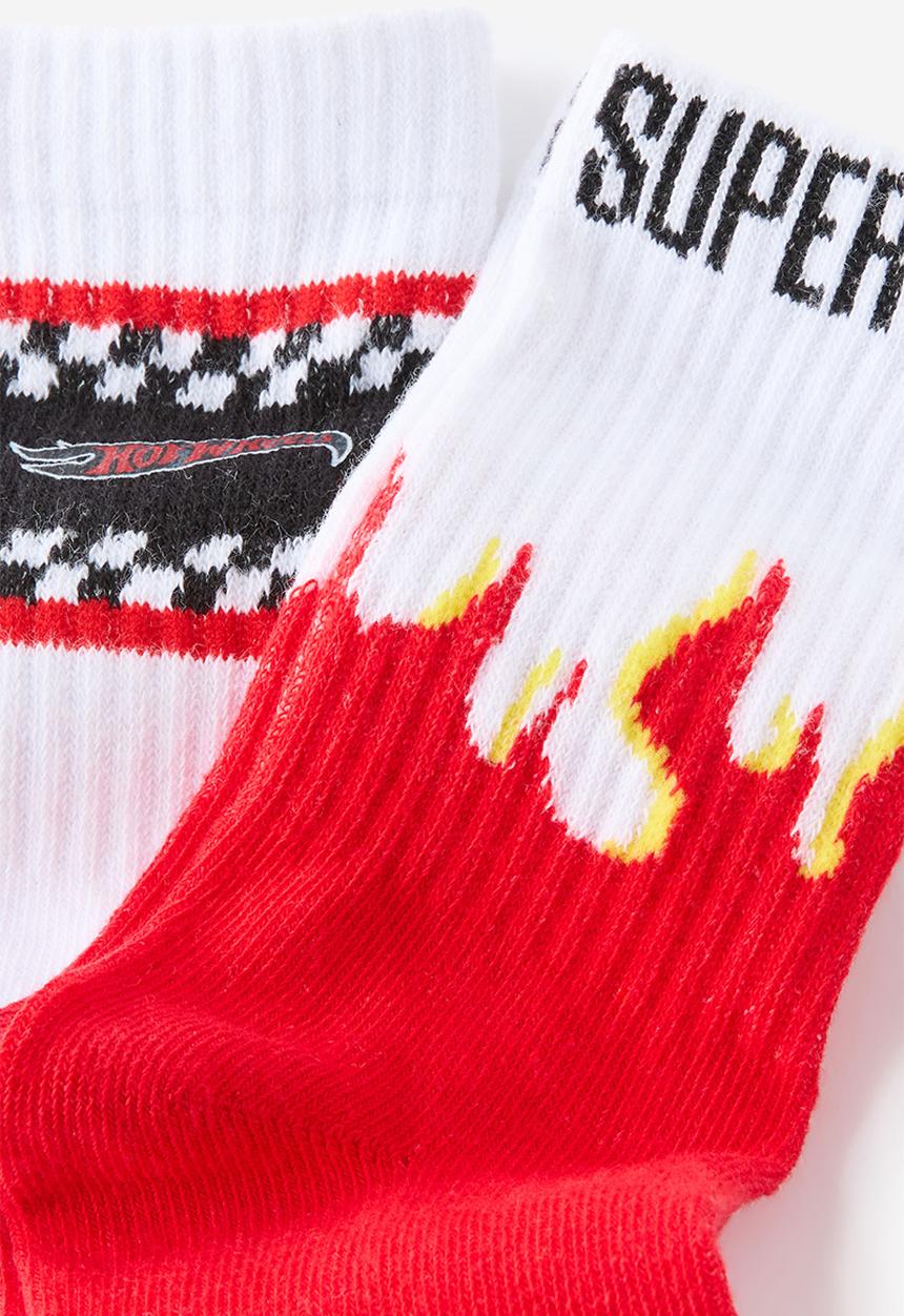 Cotton On - 2Pk Lcn Crew Sock - Lcn Mat Varsity Red Flames/Hot Wheels